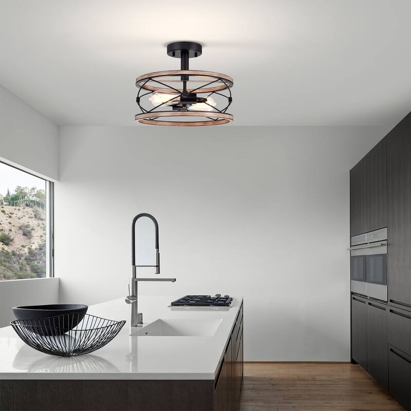 Vesta Semi Flush Mount Ceiling Light Matte Black with Wood Grain Finish 2-Light - N/A
