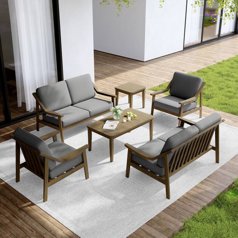 Outdoor Conversation 6 Seater Patio Chat Set with Cushions and Table - Natural Wood - Grey
