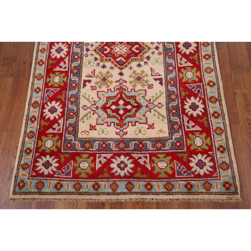 Geometric Kazak Oriental Accent Rug Hand-Knotted Wool Carpet - 2'8" x 4'3"
