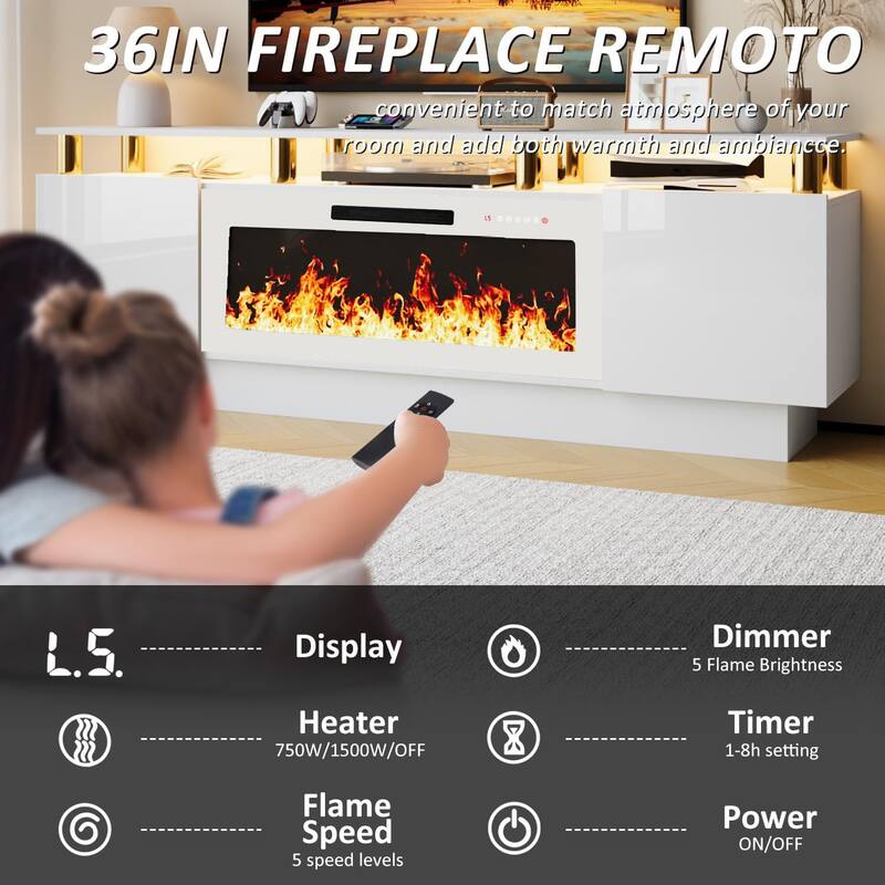 BOSSIN 70" Modern Electric Fireplace TV Stand, with Electronic Flame and LED Lights, High Gloss Finish Entertainment Center