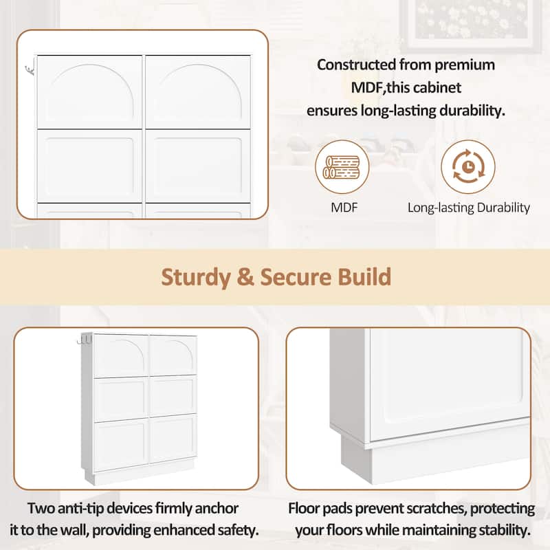 Narrow Shoe Cabinet with 6 Flip Drawers, Adjustable Partitions, Entryway Organizer with Hooks, MDF Veneer Finish