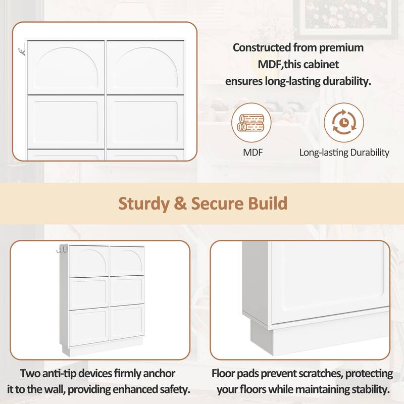 Narrow Shoe Cabinet with 6 Flip Drawers - Space Saving Entryway Organizer with Adjustable Shelf & 3 Hooks