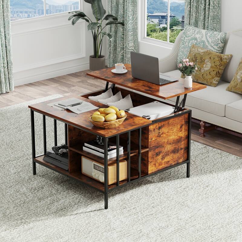 Rustic Lift-Top Coffee Table‌ – 31.5" Adjustable Height With Hidden Storage & 3 Shelves, 110Lb Capacity, Easy-Clean Surface .