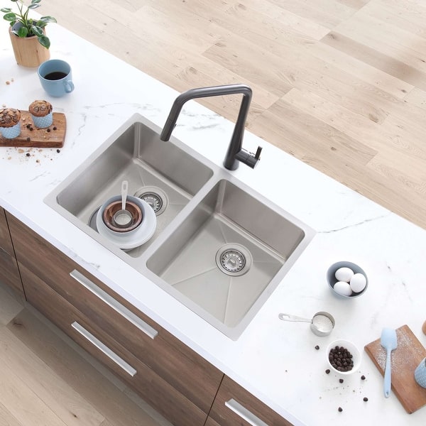 slide 2 of 22, STYLISH 31 inch Stainless Steel 18G Double Bowl Dual Mount Kitchen Sink - Brushed Stainless Steel - 31" x 18" x 9" Brushed Stainless Steel