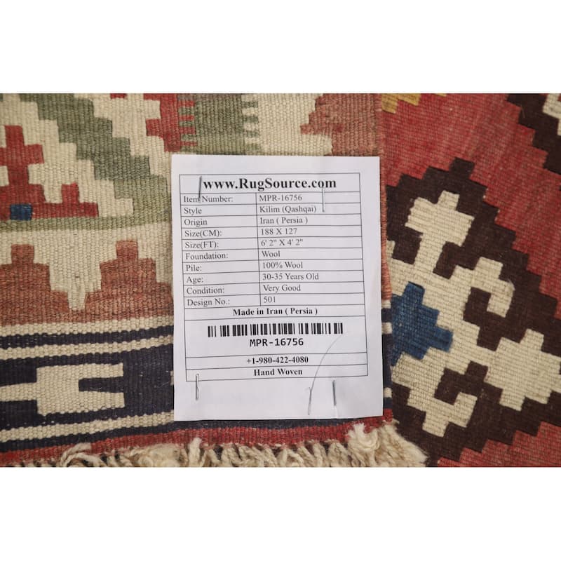 Orange Kilim Qashqai Persian Vintage Hand-Woven Wool Carpet - 4'2" x 6'2"