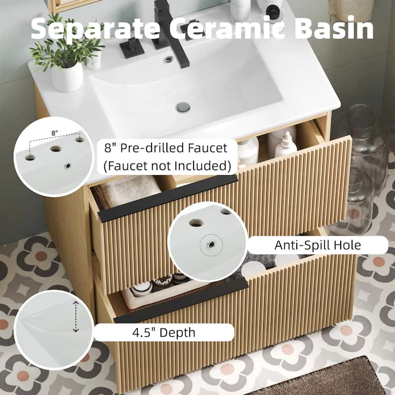 30" Bathroom Vanity with Ceramic Sink, Full-Extension Drawers, Soft-Close Undermount Slides, Fluted Design