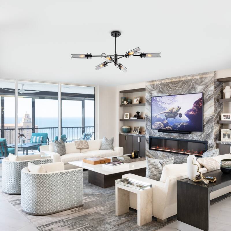 6-Light Modern Branch Chandelier 2-in-1 Curved Smoke Glass Panels - Dia.47.24-in