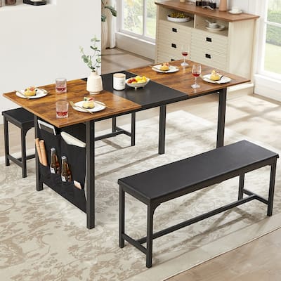 VECELO 3-Piece Dining Table Set with 2 Benches, 63" Extendable Kitchen Table & Chairs Set for 4-8, Dining Room Table