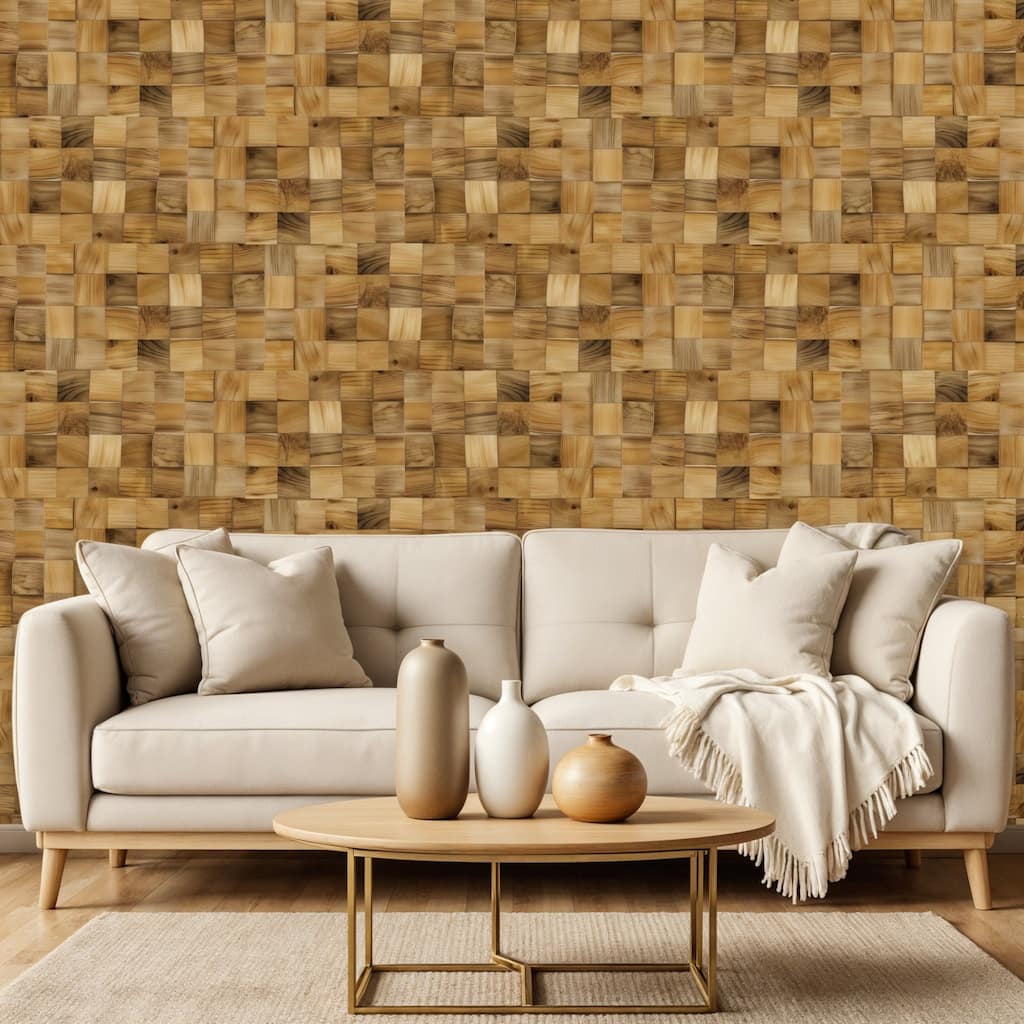 HomeRoots Brown 3D Embossed Block Teak Reclaimed Wood Decorative Wall Panels - 47.75' X '11.75' X '1.22