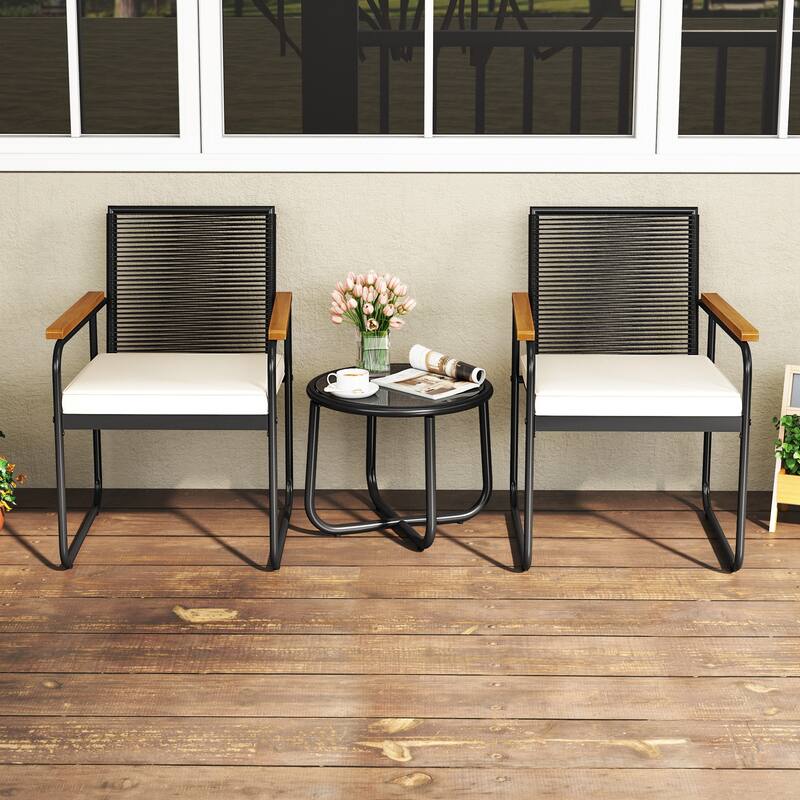 Gymax 3 Pieces Patio Furniture Set PE Wicker Chairs & Side Table