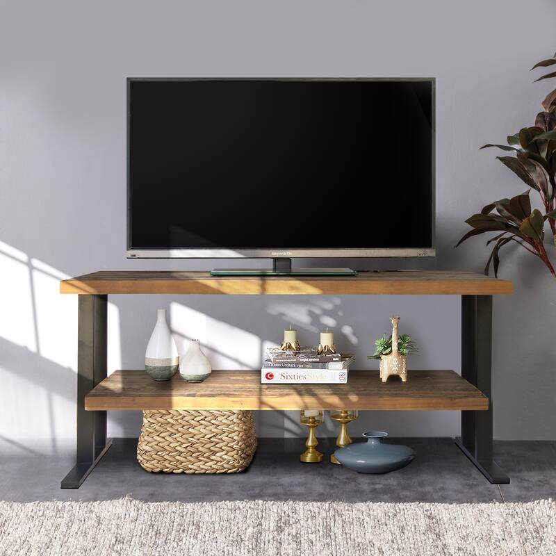 Media Console Table with one shelf to your Home decor, Natural Reclaimed wood and black finish - Natural