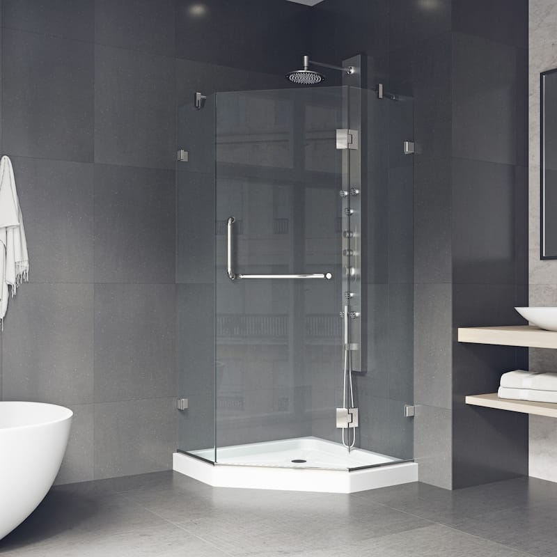 VIGO Piedmont 38"D x 38"W x 77"H Frameless Hinged Neo-Angle Shower Enclosure and Low-Profile Base in Brushed Nickel