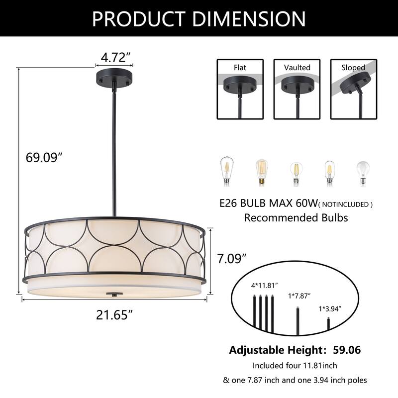 Starsky 5-Light Modern Fabric Drum Chandelier with Metal Deco - Black