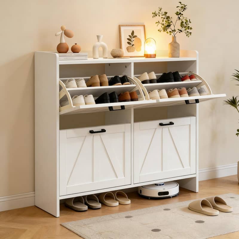 Modern Fence Shoe Cabinet with 4 Flip Drawers, Sleek Space-Saving Entryway Organizer for Living Room