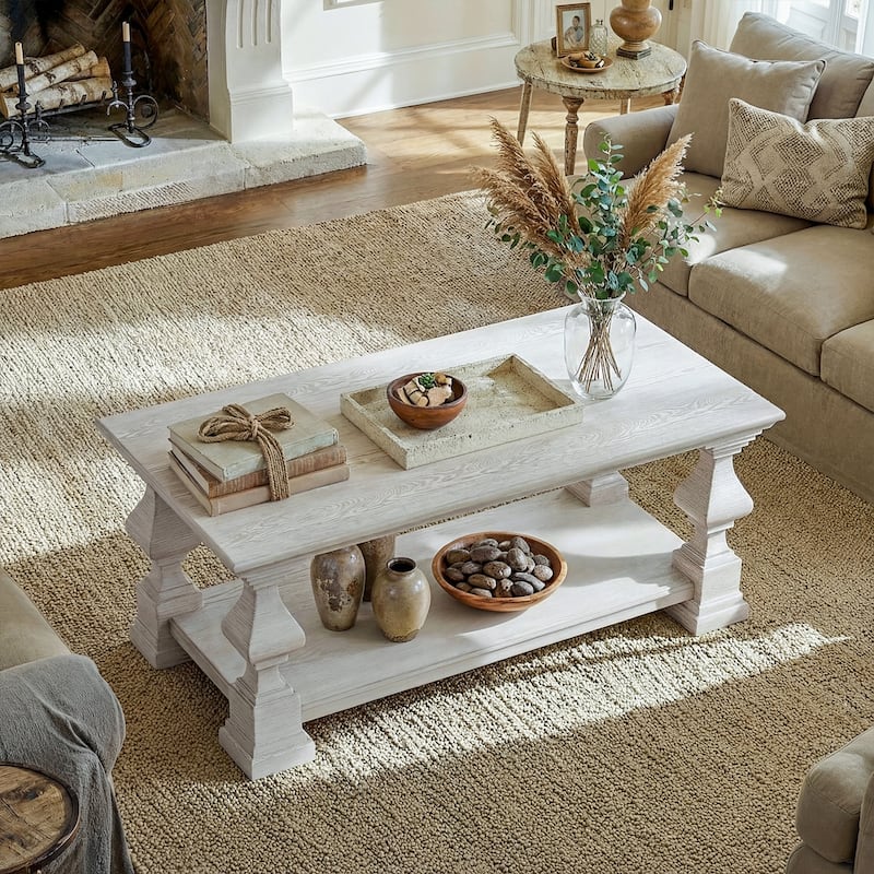Solid Wood Coffee Table with Storage Shelf, White Washed Rustic Living Room Center Table