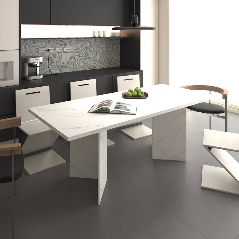 Extendable Dining Room Table for 6 8 10, Modern Faux Marble Wooden Long Large Rectangular Expanding Conference Kitchen Table