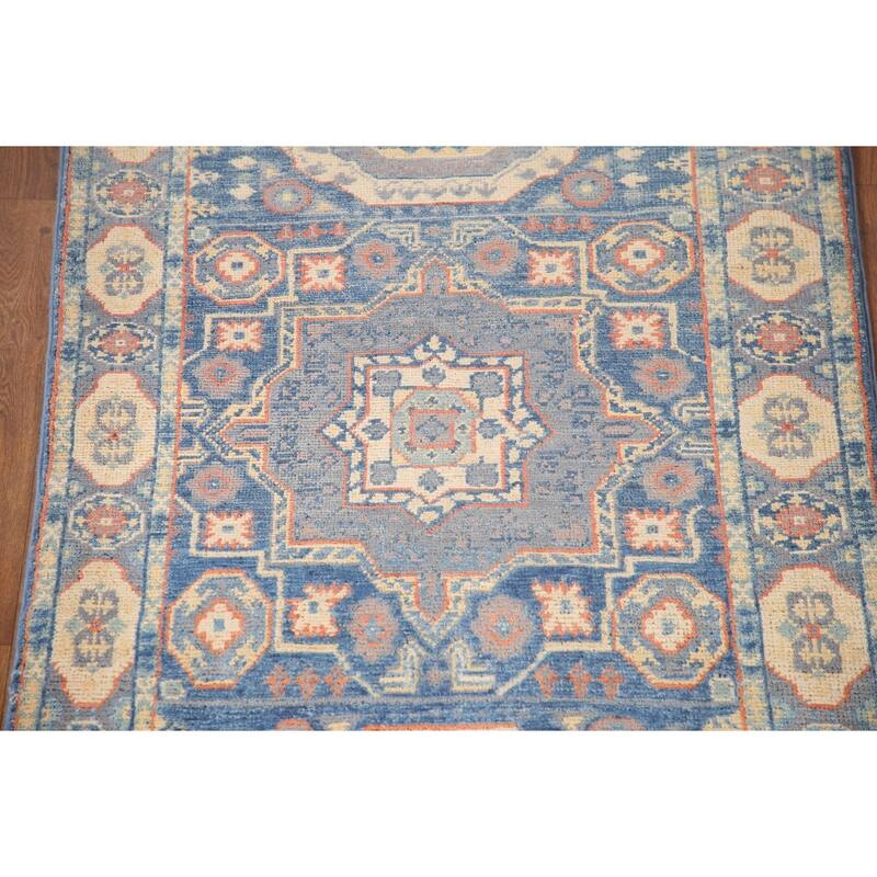 Blue Geometric Kazak Accent Rug Hand-Knotted Wool Carpet - 2'9" x 4'0"