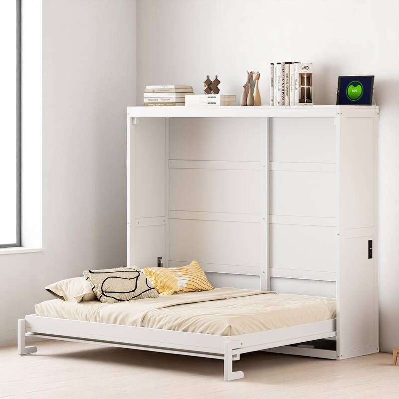 Full/Queen Size Wall Murphy Bed with Flexible Slats and Space-Saving Design - White - Full