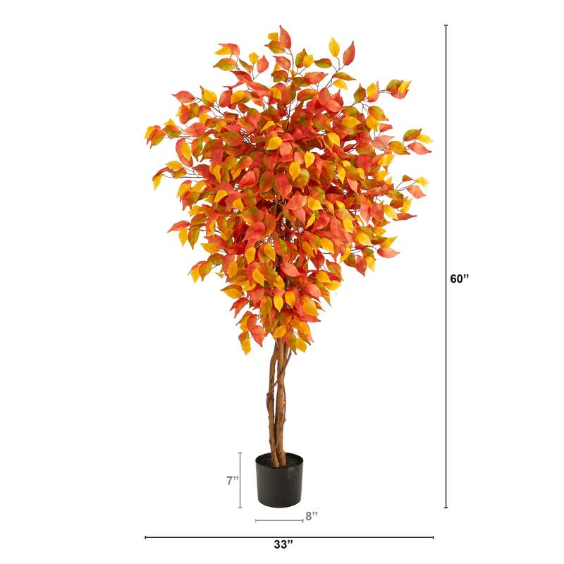 Artificial Fall Tree 5ft - Autumn Decorative Tree with Trunk - Indoor Harvest Décor - Green - 61 Inches and Over