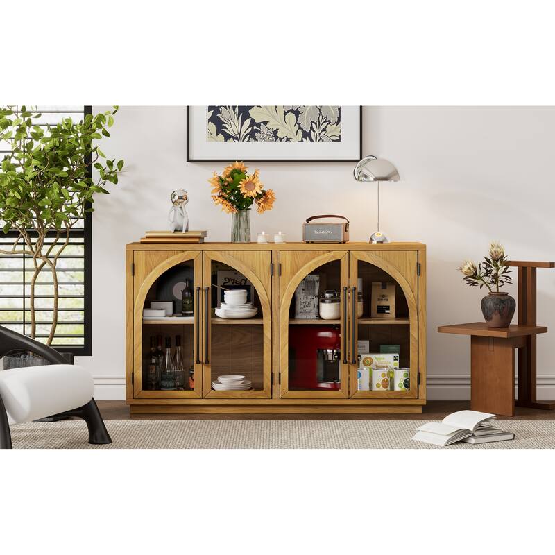 4-Door Large Storage Buffet Cabinet with Glass Doors and Adjustable Shelves