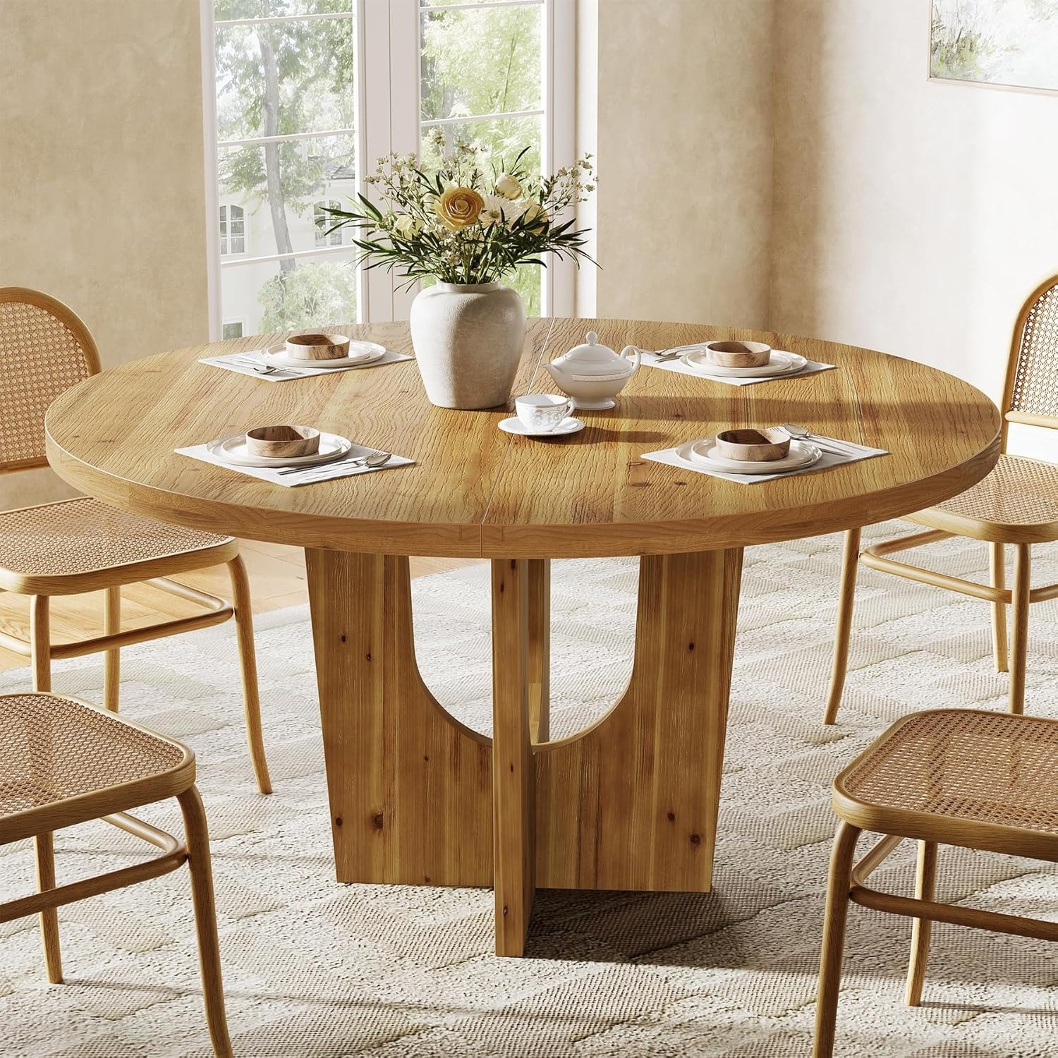 47" Solid Wood Round Dining Table Farmhouse Kitchen Table for 4-6 People - 47.2" W x 47.2" D x 29.5" H