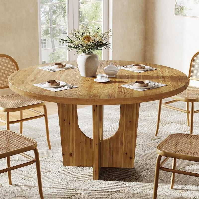 47" Solid Wood Round Dining Table Farmhouse Kitchen Table for 4-6 People - 47.2" W x 47.2" D x 29.5" H - Natural Wood