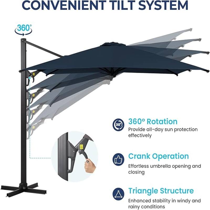 10 Ft Blue Square Cantilever Patio Umbrella with 360° Rotation Tilt Adjustment without base.