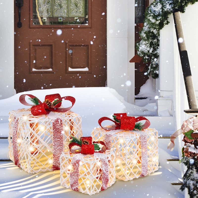 Gymax Set of 3 Christmas Present Boxes Festival Lighted Decor Boxes w/
