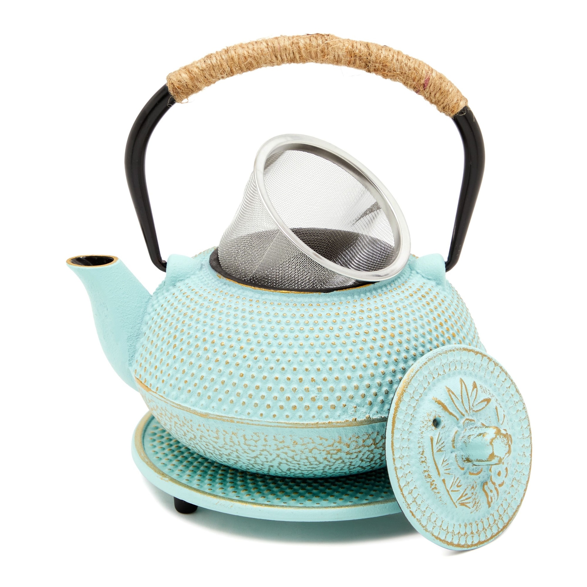 3 Piece Set Green Japanese Cast Iron Teapot Loose Leaf Tetsubin with Infuser and Trivet 18.5 oz