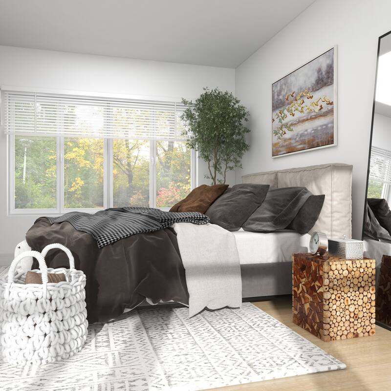 Brown Teak Wood Handmade Square Block Side End Accent Table with Mosaic Wood Chip Design