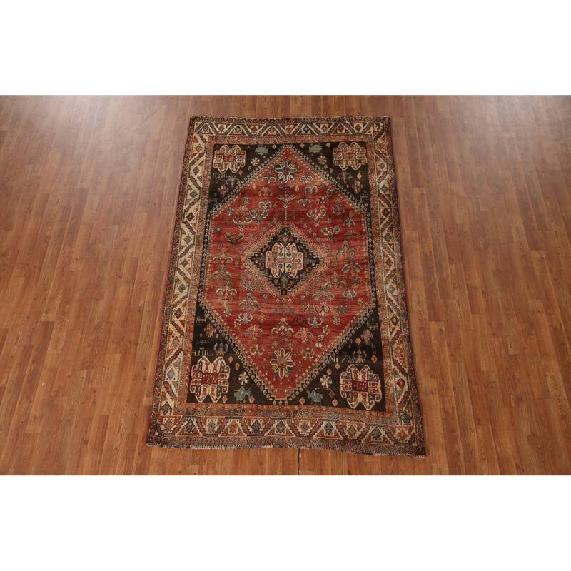 Geometric Shiraz Persian Antique Area Rug Hand-knotted Wool Carpet - 4'10"x 7'10"