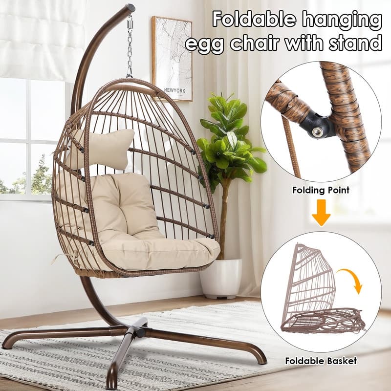 Oversized 1-Person Foldable Hanging Egg Chair - Wicker Swing Chair with Stand, Portable for Indoor Outdoor Patio