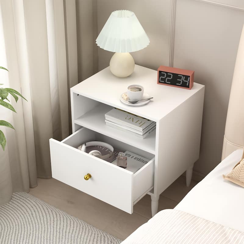 Anmytek White Nightstand with Drawer, Open Shelf, Gold Knob, Solid Wood Legs, Modern Bedside Table
