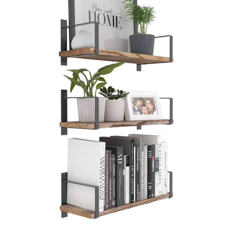 Wallniture Toledo 17" Wood Shelves for Living Room Décor, Burned Finish, Set of 3