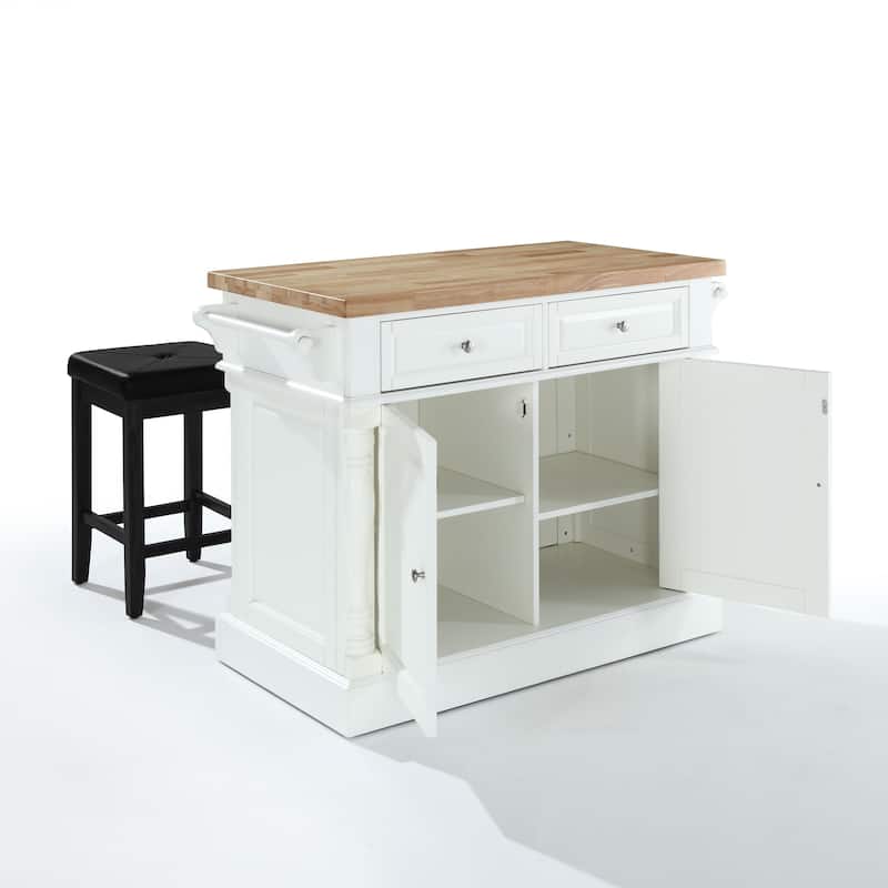 Crosley Oxford White Finish Butcher Block Top Kitchen Island with 2 Stools - 23"d x 47.75"w x 35.75"h