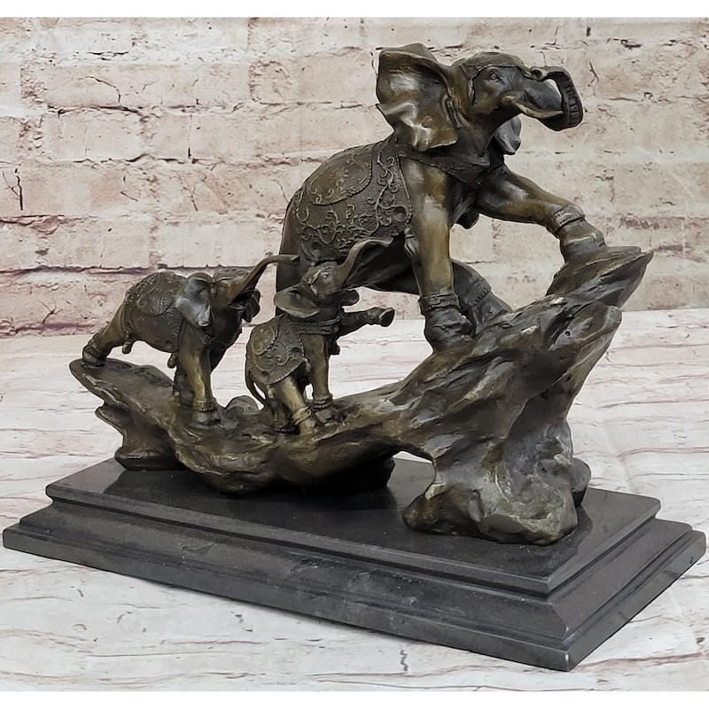 Hand Made Elephant Family Walking Up The Hill Bronze Sculpture By Barye Figure