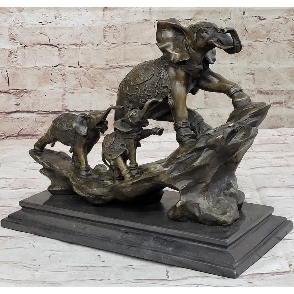 Hand Made Elephant Family Walking Up The Hill Bronze Sculpture By Barye Figure