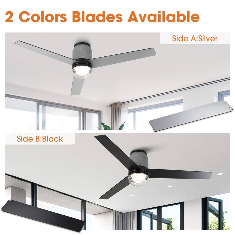 52" Modern Black RGB LED Smart Flush Mount Ceiling Fan with Light and Remote, App Control, Voice Control