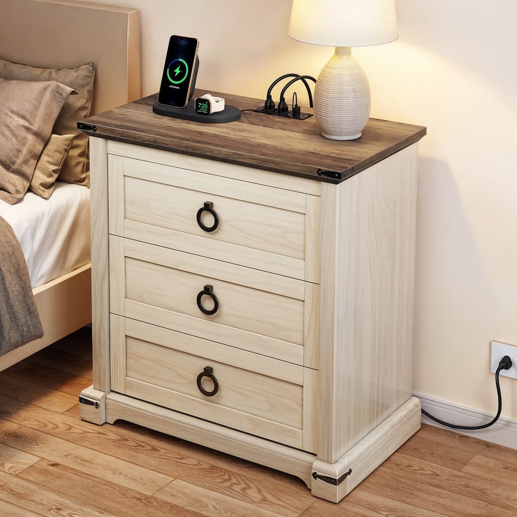 Moasis 3-Drawer Farmhouse Nightstand with Charging Station and Power Outlet