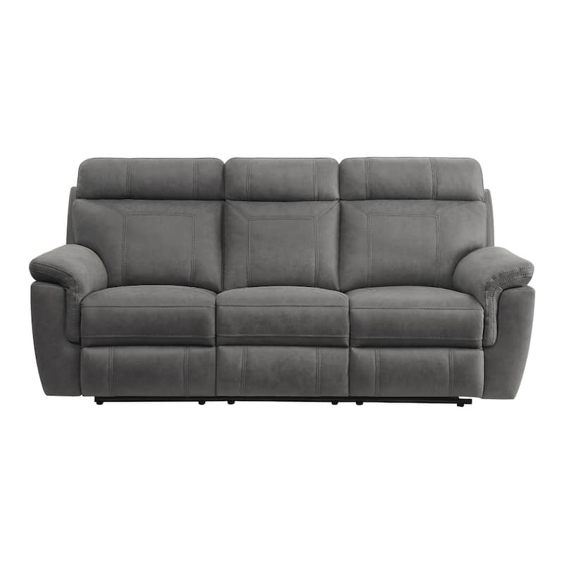 Cliff 84 Inch Manual Reclining Sofa, Gray Microfiber, Solid Wood, Metal