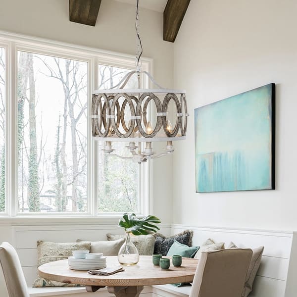 slide 2 of 12, Farmhouse Distressed White 4-Light Wooden Drum Chandelier Driftwood