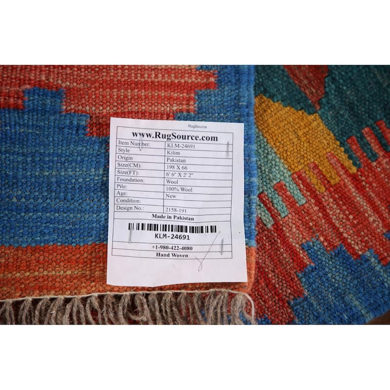 Geometric Multicolor Kilim Runner Rug Hand-Woven Wool Carpet - 2'2"x 6'6"