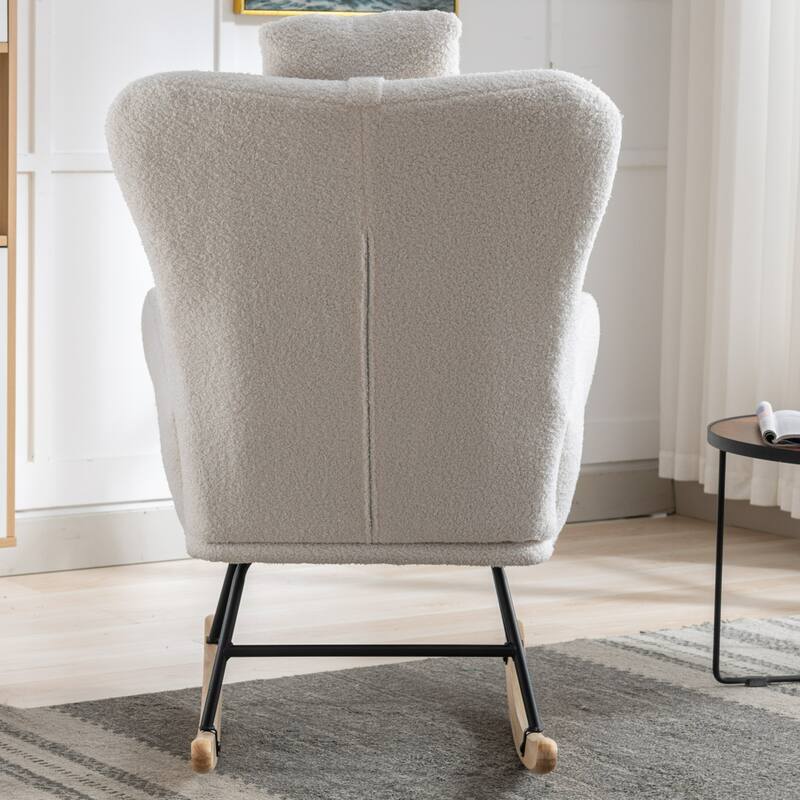 Teddy Fabric Wingback Rocking Chair for Nursery with Safe Solid Wood Base