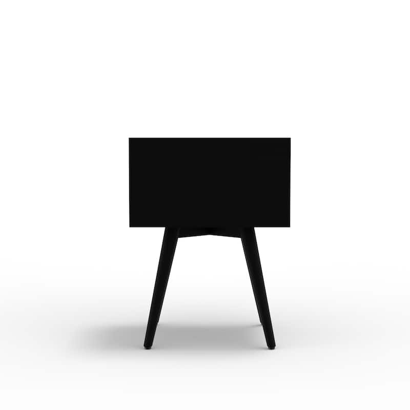 Small Mid-Century Modern Nightstand in Black Finish with Tapered Legs and Ball-Bearing Drawer Glides