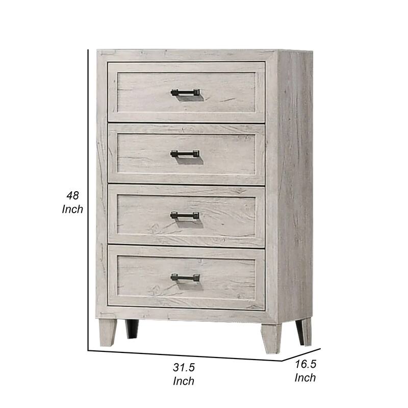 Miot Tall Dresser Chest, 4 Drawers w Metal Handles, White Wash Wood