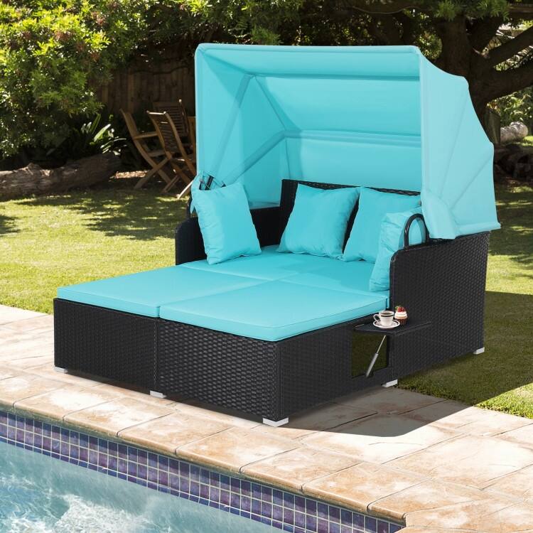 Outdoor Patio Daybed with Canopy and Foldable Side Trays - 65" x 60.5 x 58.5"