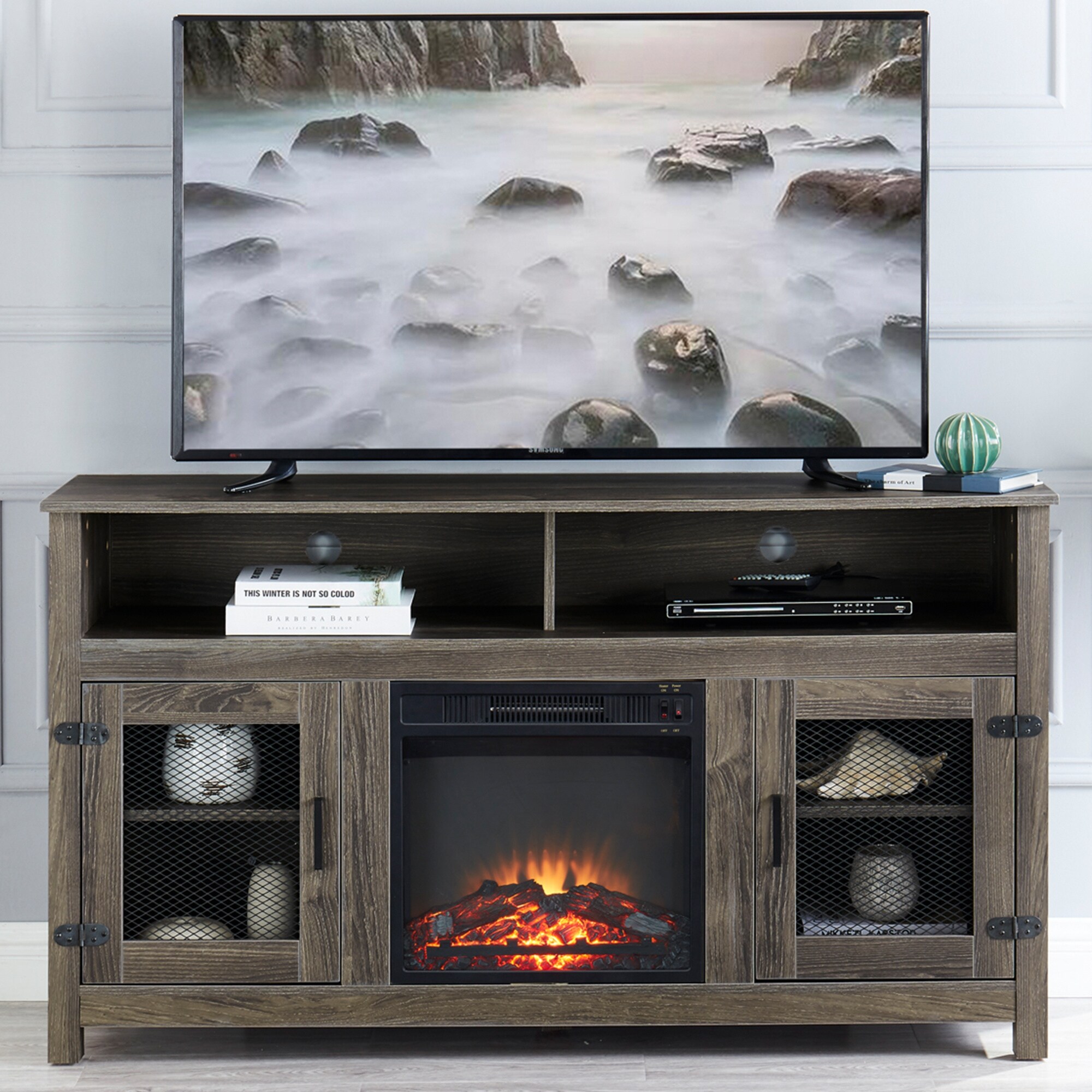Modern Farmhouse TV Stand with Electric Fireplace, Fit up to 65 Flat  Screen TV with Storage Cabinet and Adjustable Shelves - Bed Bath u0026 Beyond -  36576720