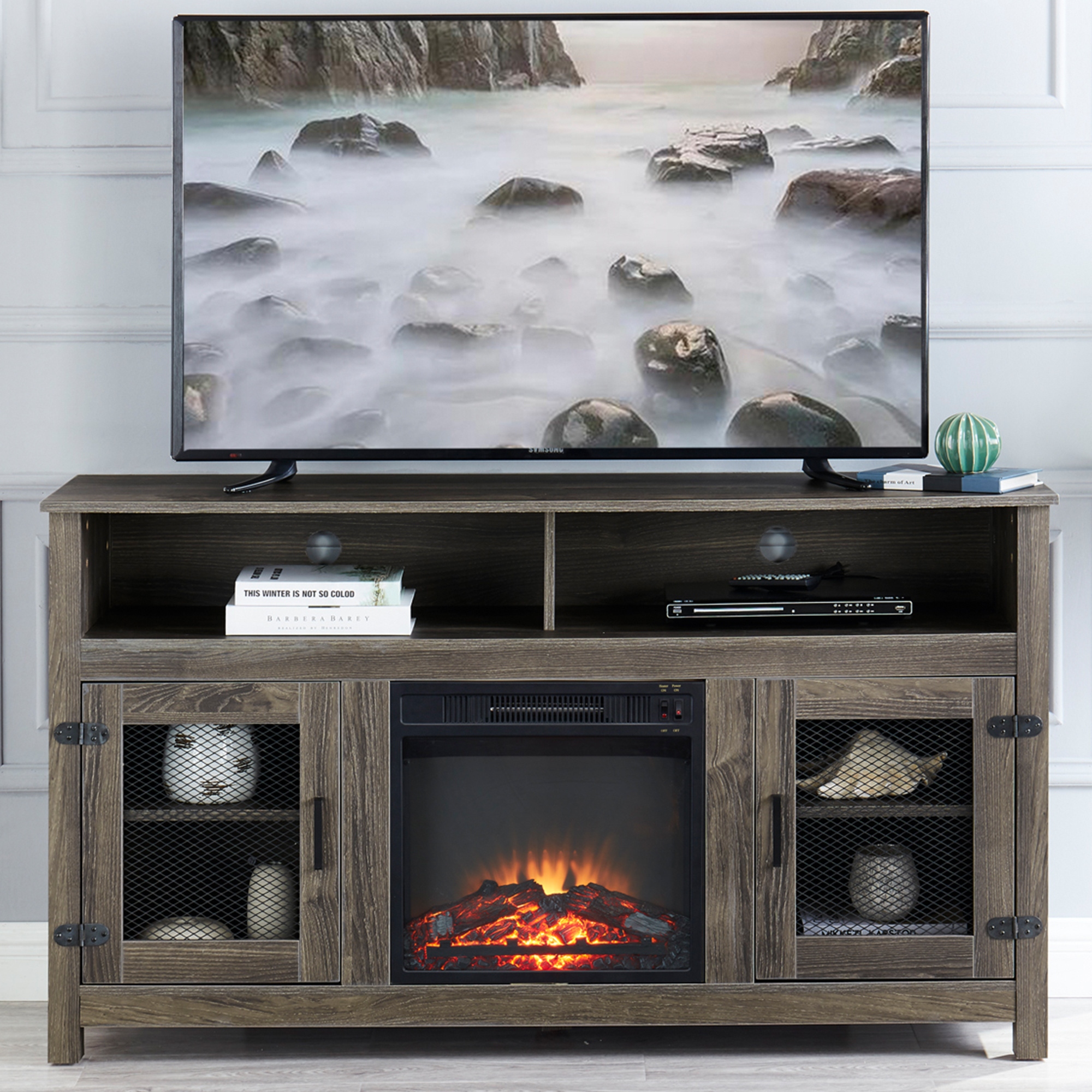 Modern Farmhouse TV Stand with Electric Fireplace Fit up to 65