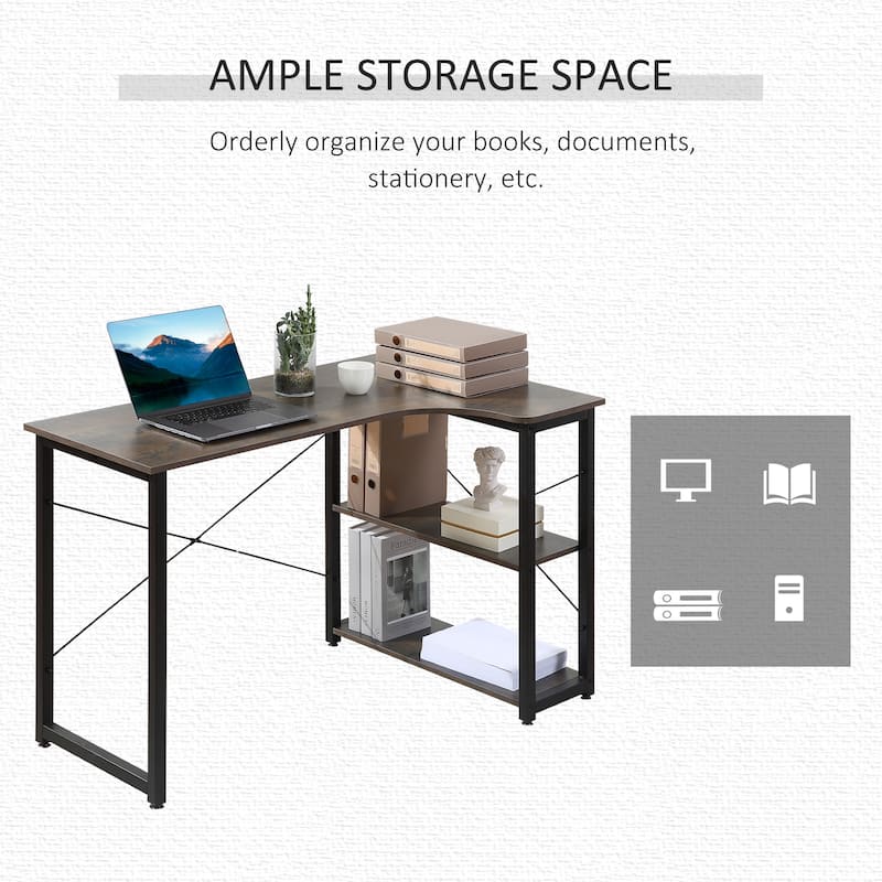 HOMCOM L-Shaped Computer Desk Home Office Corner Desk Study Workstation Table with with Wide Desktop, 2 Side Shelves, Steel