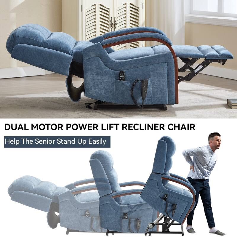 Dual Motor Power Lift Recliner Chair with Massage Heat and Wood Armrests